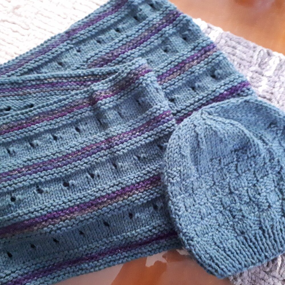 Hat and scarf, hand knitted